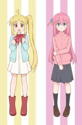  2girls :/ :d absurdres ahoge black_socks blonde_hair blue_cardigan blue_eyes blush bocchi_the_rock! boots bow bow_choker brown_shoes cardigan choker commentary_request cube_hair_ornament detached_ahoge dress full_body gotoh_hitori grey_skirt hair_between_eyes hair_ornament highres ijichi_nijika jacket kneehighs loafers long_hair long_sleeves mimori_(mimori_05) multiple_girls one_side_up open_cardigan open_clothes open_mouth pink_background pink_hair pink_jacket pleated_skirt red_boots red_bow red_choker red_eyes sailor_dress school_uniform shoes shuka_high_school_uniform side_ponytail sidelocks simple_background skirt smile socks standing striped_background track_jacket very_long_hair white_background white_dress yellow_background 