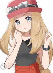  1girl :o aoneko4ao_(edwf7745) bracelet collared_shirt commentary eyelashes eyewear_on_headwear grey_eyes hands_up hat head_tilt jewelry long_hair looking_at_viewer low-tied_long_hair open_mouth pink_hat pokemon pokemon_x_and_y red_skirt serena_(pokemon) shirt simple_background skirt sleeveless sleeveless_shirt solo sunglasses watermark white_background 