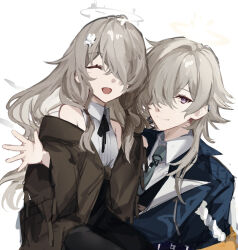  1boy 1girl arknights bare_shoulders black_ribbon black_vest blue_coat broken_halo brown_cloak brown_hair cecelia_(arknights) cloak closed_eyes coat collared_shirt commentary_request detached_wings ear_piercing energy_wings enforcer_(arknights) flower gomago_magoma green_necktie hair_flower hair_ornament hair_over_one_eye halo highres long_hair medium_hair neck_ribbon necktie open_mouth outstretched_hand piercing ribbon shirt simple_background sleeveless sleeveless_shirt smile vest violet_eyes waistcoat white_background white_flower white_shirt wings 