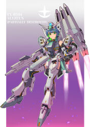  1girl absurdres ag_00000 armor beam_rifle blue_hair clenched_hand closed_mouth colored_inner_hair commentary_request covered_navel earth_federation energy_gun exhaust fin_funnels full_body gradient_background green_eyes green_hair gun gundam gundam:_hathaway's_flash highres holding holding_gun holding_weapon light_blush looking_at_viewer mecha_musume medium_hair multicolored_hair nu_gundam_mp_type outside_border pillarboxed solo streaked_hair two-tone_hair v-fin weapon 