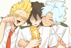 3boys aizawa_shota bandaid bandaid_on_face bandaid_on_nose black_hair blonde_hair blue_hair boku_no_hero_academia cat collared_shirt commentary_request crested_hair hanchch head_on_another's_shoulder highres loud_cloud multiple_boys necktie orange-tinted_eyewear paw_pose present_mic quiff red_necktie school_uniform shirt signature sparse_stubble sushi_(boku_no_hero_academia) thai_commentary tinted_eyewear u.a._school_uniform white-framed_eyewear white_background white_shirt 