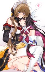  2girls alkalilyy black_hair blue_eyes bonnet brown_hair closed_mouth colored_inner_hair columbina_(genshin_impact) commentary detached_sleeves dress english_commentary genshin_impact hand_on_another's_waist heart highres long_hair multicolored_hair multiple_girls off-shoulder_dress off_shoulder purple_hair sandrone_(genshin_impact) simple_background sitting sitting_on_lap sitting_on_person smile spoken_heart thigh-highs unusually_open_eyes violet_eyes white_background white_dress white_thighhighs yuri 