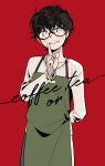  1boy amamiya_ren apron bishounen black_hair blush collarbone finger_to_mouth glasses green_apron long_sleeves male_focus oneroom-disco pants parted_lips persona persona_5 red_background shirt short_hair shushing simple_background solo standing white_pants white_shirt 