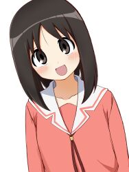  1girl absurdres azumanga_daioh black_hair blush bob_cut brown_eyes hair_between_eyes head_tilt highres kasuga_ayumu long_sleeves looking_at_viewer meisoochuu neckerchief open_mouth sailor_collar school_uniform serafuku simple_background smile solo straight_hair upper_body white_background white_sailor_collar 