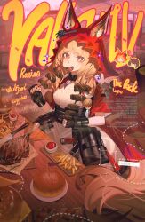  +_+ 1girl absurdres animal_ear_fluff animal_ears arknights arknights:_endfield belt black_gloves blonde_hair burger cape commentary dress eating endministrator_(arknights) female_endministrator_(arknights) fingerless_gloves food french_fries gloves high-waist_belt highres holding holding_food hood hooded_cape jewelry jeze long_hair looking_at_viewer low-tied_sidelocks necklace open_mouth outdoors red_cape rossi_(arknights) sidelocks solo table tail tooth_necklace untranslatable_commentary white_dress wolf_ears wolf_girl wolf_tail yellow_eyes 