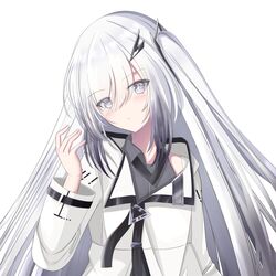  1girl \||/ absurdres allial_(coefont) arm_at_side blush closed_mouth coefont collared_shirt grey_eyes grey_hair grey_shirt hair_between_eyes hair_ornament hairclip hand_up head_tilt highres hood hood_down hooded_jacket jacket long_bangs long_hair looking_at_viewer raised_eyebrows rakyomagi shirt side_ponytail sidelocks simple_background sleeveless sleeveless_shirt solo upper_body very_long_hair white_background white_jacket 