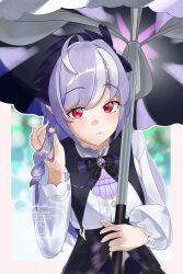  1girl absurdres ahoge ascot blurry blurry_background blush bow bowtie daldaldraw gem hairband highres holding long_hair long_sleeves looking_at_viewer mole mole_under_eye multicolored_hair pointy_ears purple_ascot purple_bow purple_bowtie purple_gem purple_hair purple_hairband purple_umbrella red_eyes shirt shrug_(clothing) solo streaked_hair umbrella vivian_banshee watermark white_shrug zenless_zone_zero 
