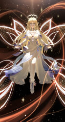  1girl absurdres aki_maple bare_shoulders black_pantyhose blonde_hair blue_eyes breasts closed_mouth commentary_request cross-shaped_pupils detached_sleeves dress full_body genshin_impact halo highres long_hair long_sleeves looking_at_viewer medium_breasts nicole_(genshin_impact) pantyhose pointy_ears shoes sleeveless sleeveless_dress solo symbol-shaped_pupils transparent_wings very_long_hair white_dress white_pantyhose white_shoes white_sleeves wings 