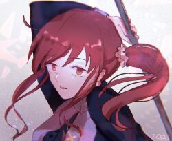  1girl ahoge brown_eyes brown_hair commentary_request floating_hair hair_ornament hair_scrunchie holding holding_behind_back holding_polearm holding_polearm_behind_back holding_weapon holding_weapon_behind_back light_smile looking_at_viewer melty_blood melty_blood:_type_lumina mole mole_under_mouth noel_(tsukihime) nun oakiee polearm portrait scrunchie side_ponytail simple_background smile solo tsukihime tsukihime_(remake) wavy_sidelocks weapon wing_collar 