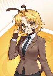  1girl adjusting_eyewear arthropod_girl bee_girl black_necktie blonde_hair breasts brown_suit closed_mouth collared_shirt commentary earrings english_commentary face_piercing glasses grey-framed_eyewear hair_intakes highres hunybee jewelry long_sleeves medium_breasts mouth_piercing necktie original piercing round_eyewear shirt short_hair smile solo suit upper_body white_shirt yellow_eyes yellow_lips 