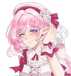  1girl beret breasts corrupted_twitter_file diamond-shaped_pupils diamond_(shape) earrings elf elysia_(hi_love_elf)_(honkai_impact) elysia_(honkai_impact) hat heart heart_earrings highres honkai_(series) honkai_impact_3rd jewelry large_breasts long_hair multicolored_hair pink_hair pointy_ears solo symbol-shaped_pupils two-tone_hair upper_body very_long_hair violet_eyes white_hair yeonpoppu 
