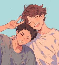  2boys arm_up blue_background blue_shirt blush brown_hair closed_eyes commentary crew_neck english_commentary grin haikyuu!! highres iwaizumi_hajime male_focus multiple_boys oikawa_tooru_(haikyuu!!) open_mouth parted_bangs round_teeth shirt short_hair simple_background smile t-shirt teeth upper_body v white_shirt yokomiro_chan 