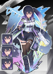 1girl fingerless_gloves gloves gun hair_between_eyes highres holding holding_gun holding_weapon long_hair looking_at_viewer open_mouth original purple_eyes purple_hair side_ponytail smile thighs tooto_(ryuto333) violet_eyes weapon