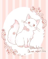  :3 animal animal_focus asakoline cat cherry_blossoms closed_mouth commentary_request flower full_body no_humans original pink_eyes pink_flower solo twitter_username watermark whiskers white_cat 