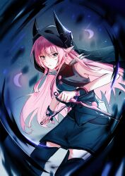 1girl absurdres bang_dream! bang_dream!_it's_mygo!!!!! black_boots black_cape black_skirt boots cape chihaya_anon chinese_commentary closed_mouth commentary_request dagger earrings fang grey_eyes grey_shirt highres holding holding_dagger holding_knife holding_weapon hood hooded_cape jewelry knife long_hair pink_hair pointy_ears shirt skirt sleeveless sleeveless_shirt sokat solo thigh_boots weapon 