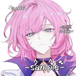  1girl blue_eyes commentary commission elf elysia_(honkai_impact) highres honkai_(series) honkai_impact_3rd jacket long_hair looking_at_viewer multicolored_jacket pink_hair pink_pupils pointy_ears portrait sabi_kansetsu sample_watermark simple_background solo two-tone_jacket untranslatable_commentary watermark white_background 