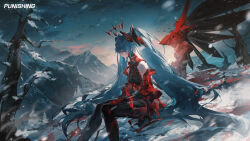  1girl absurdres bare_shoulders black_bodysuit blue_hair blue_sky bodysuit character_request closed_mouth clouds copyright_name elbow_gloves evening feet_out_of_frame gloves hair_between_eyes hair_intakes highres long_hair mountain official_art official_wallpaper outdoors punishing:_gray_raven red_eyes red_gloves sitting sky snow snowing solo tree twintails very_long_hair 