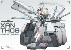  1girl absurdres ace_combat ace_combat_8 blonde_hair blue_eyes breasts cannon caterpillar_tracks commentary_request headgear highres landship large_breasts mecha_musume multiple_caterpillar_tracks personification solo standing tank_turret teisei_misagi 