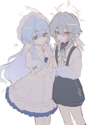  aged_down black_shorts blue_eyes blue_hair blush brother_and_sister closed_mouth dress earrings grey_hair hair_between_eyes halo hat head_wings holding_hands honkai:_star_rail honkai_(series) inagoinaire jewelry long_hair long_sleeves looking_at_viewer pantyhose puffy_short_sleeves puffy_sleeves robin_(honkai:_star_rail) shirt short_sleeves shorts siblings simple_background sketch sunday_(honkai:_star_rail) suspender_shorts suspenders very_long_hair white_background white_dress white_hat white_pantyhose wings yellow_eyes 