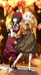  2girls absurdres autumn_leaves black_pantyhose blonde_hair brown_cardigan brown_dress brown_hair cardigan closed_mouth commentary_request dress falling_leaves highres holding_hands inoue_takina leaf long_hair lycoris_recoil multiple_girls nishikigi_chisato open_mouth outdoors pantyhose pinafore_dress red_dress red_eyes sengoku_chidori shirt short_hair sleeveless sleeveless_dress smile socks stuffed_animal stuffed_toy tree violet_eyes white_shirt white_socks yuri 
