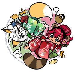  2girls :> :3 animal_ears artist_name barefoot black_hairband chibi chopsticks closed_mouth commentary_request dark-skinned_female dark_skin fox_ears fox_girl fox_tail full_body green_kimono grey_eyes gundam gundam_suisei_no_majo hair_between_eyes hairband holding holding_chopsticks izumiya_otoha japanese_clothes kimono long_sleeves looking_at_viewer maruchan_akai_kitsune_udon maruchan_midori_no_tanuki_tensoba miorine_rembran multiple_girls obi official_alternate_costume outline raccoon_ears raccoon_girl raccoon_tail red_hair red_kimono sash smile suletta_mercury tail teapot thick_eyebrows twitter_username white_hair white_outline wide_sleeves 