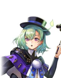  1girl alma_(another_eden) another_eden another_eden_art_team black_hat black_shirt blush bob_cut breasts capelet collared_shirt crossed_bangs green_hair hair_between_eyes hat long_sleeves looking_down lowres official_art open_mouth plant_hair purple_capelet shinwoo_choi shirt shoes short_hair simple_background solo teeth third-party_source top_hat transparent_background upper_body upper_teeth_only variant_set violet_eyes 