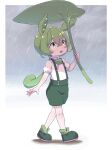  animal_ears border collared_shirt commentary dot_nose green_brooch green_footwear green_hair green_shorts highres holding holding_umbrella leaf_umbrella light_blush looking_up loose_hair_strand low_ponytail open_mouth pea_pod ponytail puffy_short_sleeves puffy_sleeves rain raincloud shirt short_hair short_sleeves shorts smile spread_fingers suspender_shorts suspenders tokimotoinui umbrella under_umbrella voicevox walking white_border white_shirt yellow_eyes zundamon 