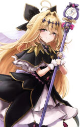  1girl absurdres antenna_hair black_capelet black_dress blonde_hair brooch capelet commentary_request cure_arcana_shadow diamond_hairband dress frilled_capelet frilled_cuffs frills gabang hair_intakes heart heart_brooch highres holding holding_staff jewelry long_hair looking_at_viewer magical_girl meitantei_precure! precure purple_veil purple_wrist_cuffs simple_background solo staff veil violet_eyes white_background wrist_cuffs 