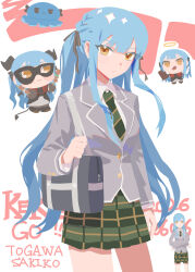 1girl absurdres angel_and_devil bag bang_dream! bang_dream!_it's_mygo!!!!! black_ribbon blue_hair character_name closed_mouth commentary diagonal-striped_clothes diagonal-striped_necktie green_necktie green_skirt grey_bag grey_jacket hair_ribbon haneoka_school_uniform highres jacket kekego logo necktie oblivionis_(bang_dream!) octopus orange_eyes plaid_clothes plaid_skirt ribbon school_uniform shoulder_bag sidelocks skirt striped_clothes striped_necktie togawa_sakiko 