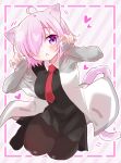  1girl :o animal_ears black_dress black_pantyhose blush cat_ears cat_tail collared_dress commentary_request dress fate/grand_order fate_(series) grey_jacket hair_over_one_eye highres jacket kemonomimi_mode long_sleeves looking_at_viewer mash_kyrielight meggut_2521 multicolored_clothes multicolored_jacket necktie one_eye_covered open_mouth pantyhose pink_hair red_necktie short_hair sleeves_past_wrists solo tail two-tone_jacket violet_eyes white_jacket 