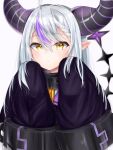  1girl absurdres ahoge ascot black_horns braid braided_bangs collar grey_hair highres hololive horns jastiment la+_darknesss la+_darknesss_(1st_costume) metal_collar multicolored_hair pointy_ears purple_hair sleeves_past_fingers sleeves_past_wrists streaked_hair striped_horns virtual_youtuber yellow_ascot yellow_eyes 