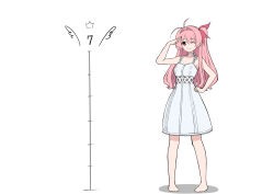  1girl antenna_hair barefoot breasts chaos;head choker commentary_request dress hair_ribbon highres long_hair official_alternate_costume one_eye_closed otsukanolich pink_eyes pink_hair ribbon ribbon_choker sakihata_rimi salute school_uniform science_adventure sleeveless sleeveless_dress small_breasts smile solo sundress white_dress 