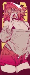  1boy absurdres astolfo_(fate) black_bra black_thighhighs bra fate/apocrypha fate_(series) grey_sweater hair_intakes hand_on_own_hip highres hyacihyaci messy_hair off-shoulder_sweater off_shoulder open_fly pink_hair red_shorts shorts sweater thick_eyebrows thigh-highs tongue tongue_out trap underwear v violet_eyes 