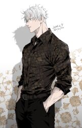  1boy adam's_apple belt black_pants blue_eyes closed_mouth commentary dated dress_shirt gojo_satoru grey_belt hands_in_pockets highres jujutsu_kaisen male_focus pants shadow shirt shirt_tucked_in short_hair sleeves_pushed_up solo standing suit_pants tiyu0710 twitter_username untranslatable_commentary white_hair 