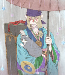  1boy animal bandana blonde_hair cat commentary_request facial_mark grey_background hair_between_eyes hitaki_(tempo) holding holding_animal holding_cat japanese_clothes kimono kusuriuri_(mononoke) long_sleeves looking_at_animal male_focus mononoke oil-paper_umbrella outdoors pointy_ears purple_bandana rain red_umbrella side_ponytail solo standing umbrella upper_body wide_sleeves 