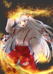  1girl absurdres bow commentary_request fire fujiwara_no_mokou grey_background grey_hair hair_bow hair_ribbon hakase_(chitama_shinryaku) highres light_blush long_hair long_sleeves looking_at_viewer ofuda ofuda_on_clothes open_mouth pants pyrokinesis red_eyes red_pants ribbon shirt smile solo suspenders touhou very_long_hair white_hair white_shirt 