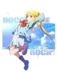  1girl absurdres ahoge arched_back arms_behind_head arms_up blonde_hair blue_cardigan blue_dress bocchi_the_rock! boots cardigan clenched_teeth clouds copyright_name dress feathers full_body highres ijichi_nijika long_hair long_sleeves neck_ribbon orange_eyes ponytail profile red_footwear red_ribbon ribbon sky solo teeth very_long_hair yoru_kiri 