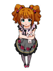  1girl :t aqua_eyes closed_mouth commentary_request cosplay floral_print floral_print_skirt full_body grey_skirt hair_intakes highres holding holding_stuffed_toy idolmaster idolmaster_(classic) looking_at_viewer minase_iori minase_iori_(cosplay) naruse_ill orange_hair pantyhose pink_shirt pink_shoes pout print_skirt rose_print shirt shoes simple_background skirt solo standing striped_clothes striped_pantyhose stuffed_animal stuffed_rabbit stuffed_toy takatsuki_yayoi twintails usa-chan_(idolmaster) v-shaped_eyebrows vertical-striped_clothes vertical-striped_pantyhose white_background 