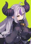  1girl ahoge ascot black_horns braid braided_bangs collar grey_hair hatosasami highres hololive horns la+_darknesss la+_darknesss_(1st_costume) long_hair looking_at_viewer metal_collar multicolored_hair pointy_ears purple_hair sleeves_past_fingers sleeves_past_wrists smile solo streaked_hair striped_horns virtual_youtuber yellow_ascot 