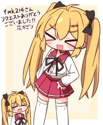  >_< 1girl :d ahoge artist_name black_bow black_ribbon blonde_hair blush border bow buttons cardigan character_request closed_eyes commentary_request commission commissioner_name copyright_request double-parted_bangs fang feet_out_of_frame hair_between_eyes hair_bow hana_kazari hand_on_own_hip highres long_hair long_sleeves miniskirt multiple_views neck_ribbon open_mouth outside_border over-kneehighs pleated_skirt red_sailor_collar red_skirt ribbon sailor_collar school_uniform serafuku sidelocks simple_background skeb_commission skin_fang skirt smile standing teardrop thigh-highs twintails white_border white_cardigan white_thighhighs xd yellow_background zettai_ryouiki 