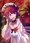  1girl absurdres autumn_leaves bow breasts cellphone detached_collar dress fangs heterochromia highres holding holding_phone hololive hololive_english horns hstsai_(david0621) irys_(casualrys)_(hololive) irys_(hololive) jewelry leaf looking_at_viewer multicolored_hair nail_polish official_alternate_costume phone pink_eyes pink_nails pointy_ears purple_hair redhead smartphone smile v virtual_youtuber 
