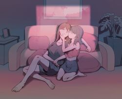  2girls bang_dream! bang_dream!_it's_mygo!!!!! black_hair black_shirt black_shorts black_skirt brown_hair closed_eyes commentary_request couch crop_top cushion falcorusti hand_on_another's_face highres indoors kiss kissing_cheek korean_commentary long_hair multiple_girls plant potted_plant red_tank_top shiina_taki shirt shorts skirt tank_top toes yahata_umiri yuri 
