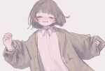  1girl absurdres blush brown_hair closed_eyes collared_shirt facing_viewer grey_background highres jacket long_sleeves nose_blush open_clothes open_jacket open_mouth original parted_lips shirt short_hair simple_background solo upper_body white_shirt yunoki_itsugu 
