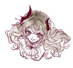  1girl arms_at_sides ascot asymmetrical_horns black_horns blonde_hair blush bright_pupils brown_eyes commentary cropped_shoulders demon_horns from_above grin gyosite highres horn_ornament horns long_hair looking_at_viewer looking_up official_alternate_costume parted_lips portrait saijo_claudine shirt shoujo_kageki_revue_starlight shoujo_kageki_revue_starlight_-re_live- simple_background smile solo uneven_horns wavy_hair white_ascot white_background white_pupils white_shirt 