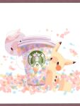  animal_focus coffee_cup colored_skin commentary_request cup disposable_cup drifloon hanabusaoekaki highres letterboxed no_humans pikachu pokemon pokemon_(creature) purple_skin solid_oval_eyes starbucks tail white_background yellow_skin 