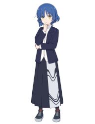  1girl :/ black_shoes black_skirt black_socks blue_hair blue_jacket blush bocchi_the_rock! collared_shirt commentary_request dress_shirt full_body highres jacket long_skirt looking_at_viewer medium_hair mimori_(mimori_05) mole mole_under_eye open_clothes open_jacket pleated_skirt shirt shoes sidelocks simple_background skirt socks solo white_background white_shirt yamada_ryo yellow_eyes 