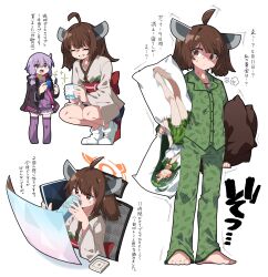  2girls absurdres ahoge black_jacket brown_eyes brown_hair chair closed_eyes cup dakimakura_(object) datemegane drinking green_pants green_shirt grey_kimono grin halo headgear highres holding holding_cup holding_pillow jacket japanese_clothes kimono motion_lines multiple_girls multiple_views nervous_sweating pajamas pants pillow purple_hair purple_thighhighs shirt short_hair short_kimono smile socks sparkle squatting sweat thigh-highs toes touhoku_kiritan translation_request voiceroid white_socks yuzuki_yukari 