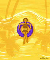  1other :3 ^_^ artist_name bare_arms bare_legs bare_shoulders barefoot brown_hair brown_shorts brown_tank_top caldatelier closed_eyes closed_mouth colored_skin commentary crossed_legs english_commentary facing_viewer film_grain flag_background hair_behind_ear highres intersex_flag knees_together_feet_apart lgbt_pride nostrils ocean on_innertube original other_focus outdoors palm_tree shadow short_hair shorts smile solo sparkle straight-on tank_top tree water wide_shot yellow_skin yellow_theme 