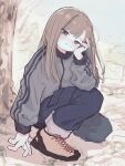  1girl absurdres blush brown_footwear brown_hair closed_mouth denim grey_eyes grey_jacket hand_on_own_cheek hand_on_own_face highres jacket jeans long_sleeves looking_at_viewer on_one_knee original outdoors pants shoes solo track_jacket tree yunoki_itsugu 