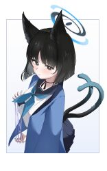  1girl absurdres animal_ear_fluff animal_ears black_eyes black_hair black_nails blue_archive blue_halo blue_haori blue_neckerchief blue_sailor_collar blue_skirt cat_ears cat_girl cat_tail closed_mouth commentary halo haori highres holding holding_string japanese_clothes kikyou_(blue_archive) licking_lips looking_at_viewer martinizki multiple_tails neckerchief parted_bangs pleated_skirt sailor_collar school_uniform serafuku shirt short_hair skirt smile solo string tail tongue tongue_out two_tails white_shirt 